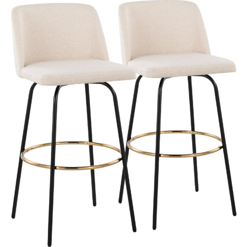 Toriano 30" Swivel Bar Stool in Cream Noise Fabric & Black Metal w/ Round Gold Footrest (Set of 2)